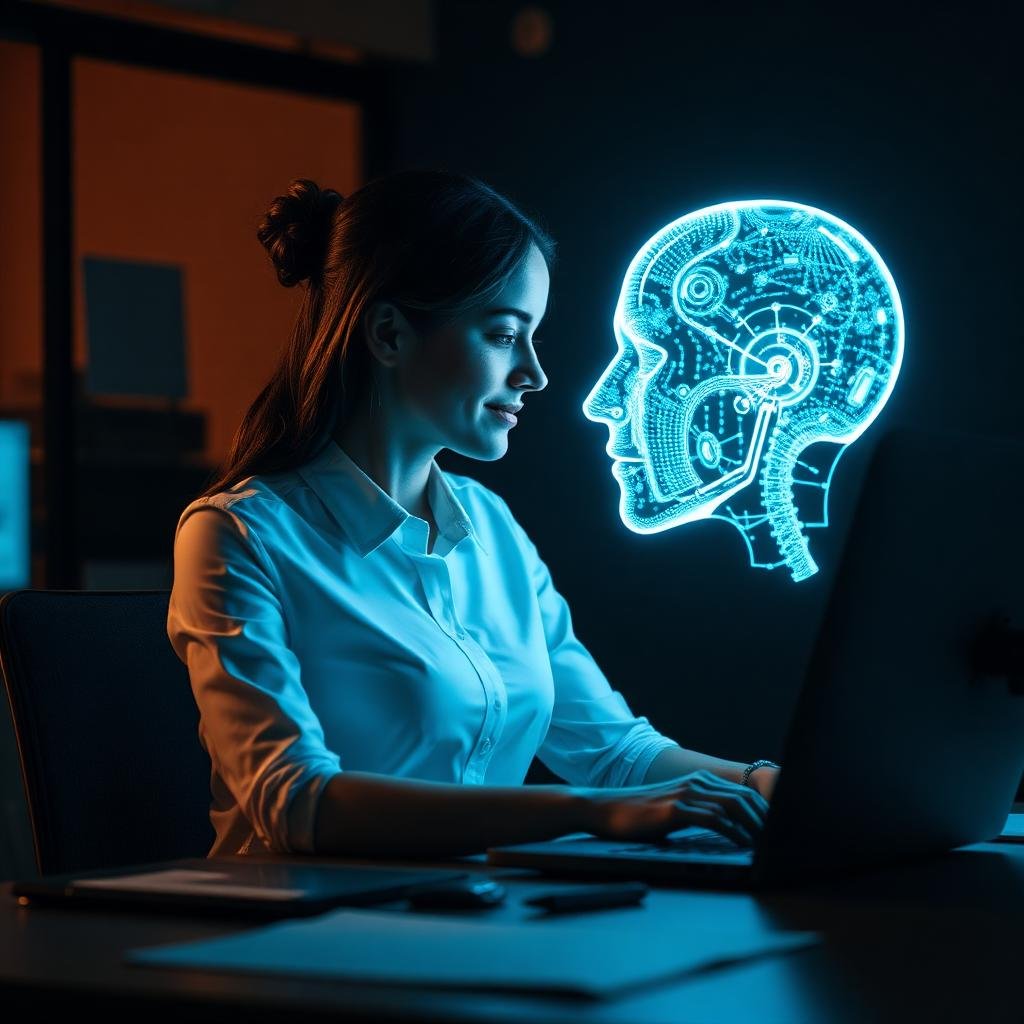 Specialist working beside a glowing AI hologram